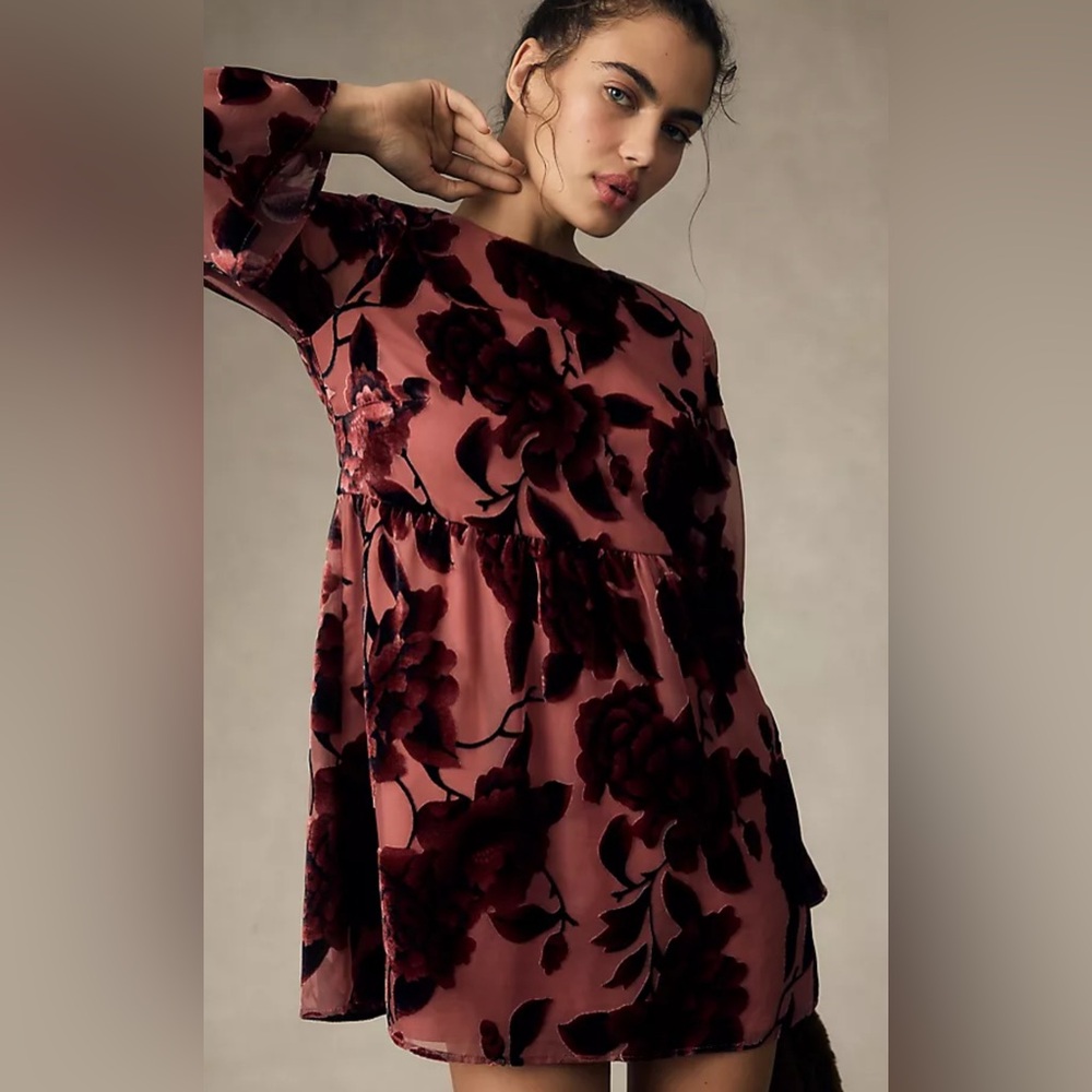 Anthropologie Hutch Mini Floral Velour Baby Doll Dress Boho Bohemian Hippie - Picture 2 of 8